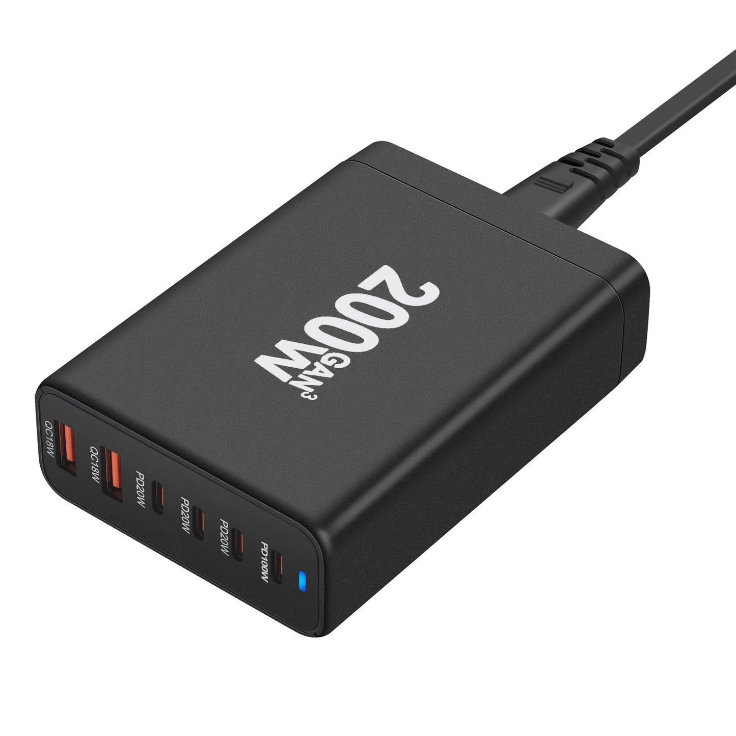 Carregador USB tipo C de 200 W e 6 portas