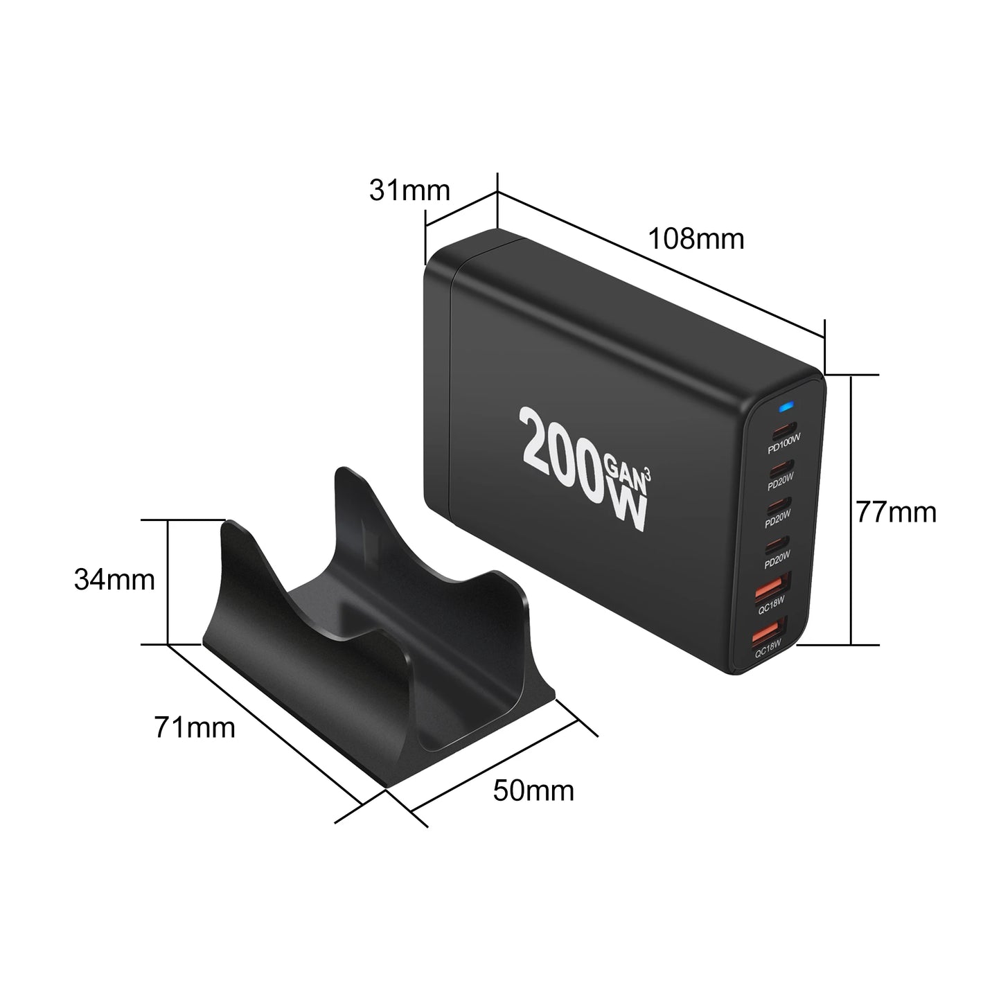 Carregador USB tipo C de 200 W e 6 portas