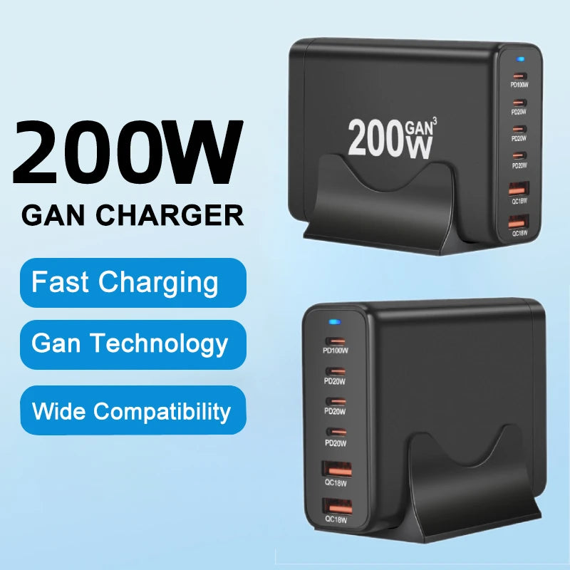 Carregador USB tipo C de 200 W e 6 portas