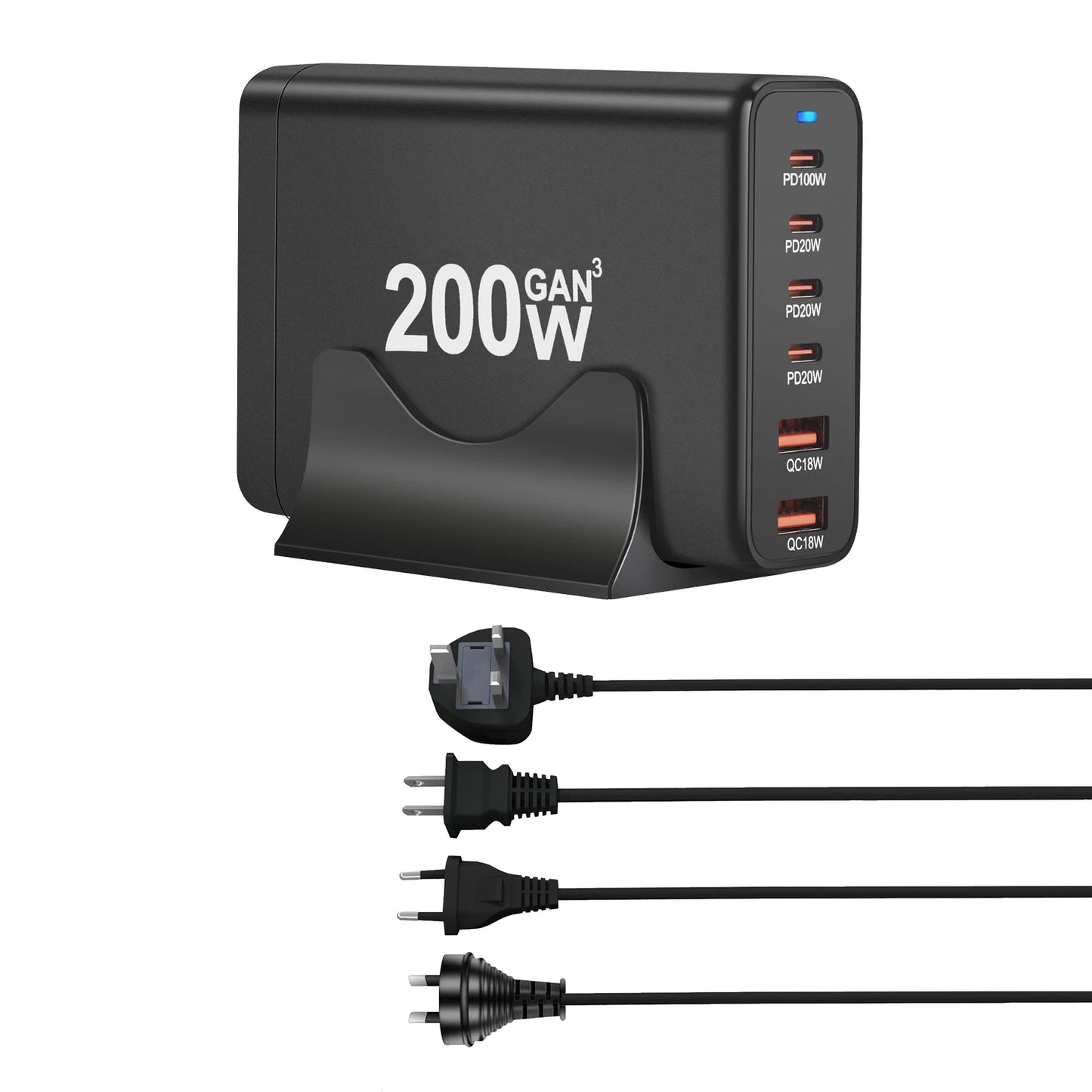 Carregador USB tipo C de 200 W e 6 portas