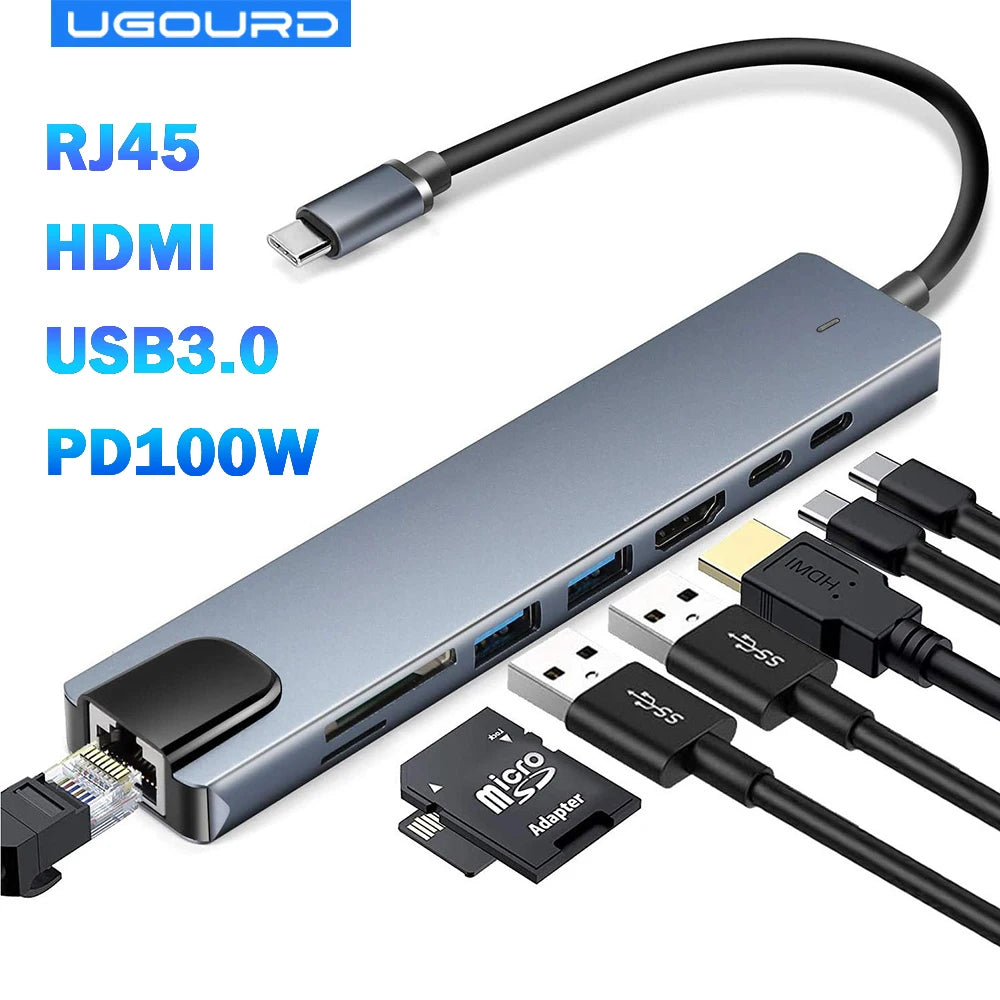 Adaptador HDMI com leitor de cartão RJ45 SD/TF PD de carga rápida para laptop