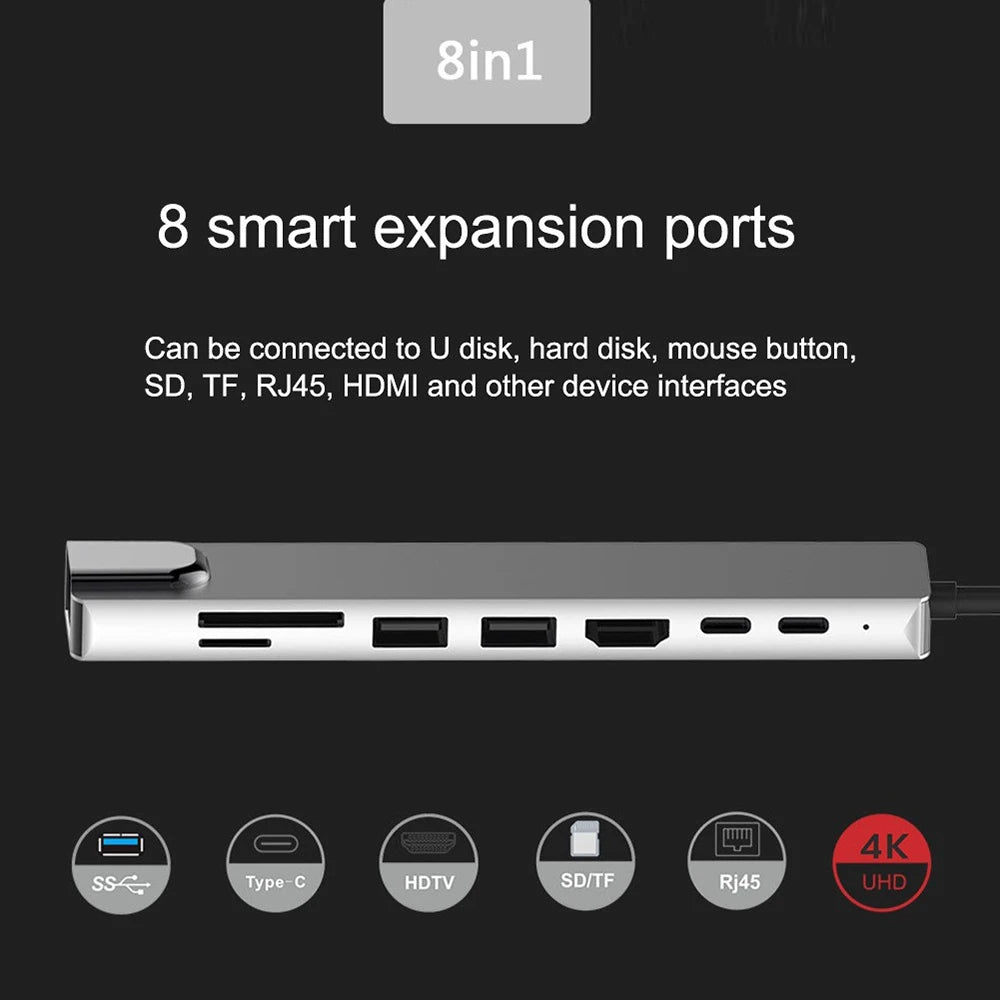 Adaptador HDMI com leitor de cartão RJ45 SD/TF PD de carga rápida para laptop