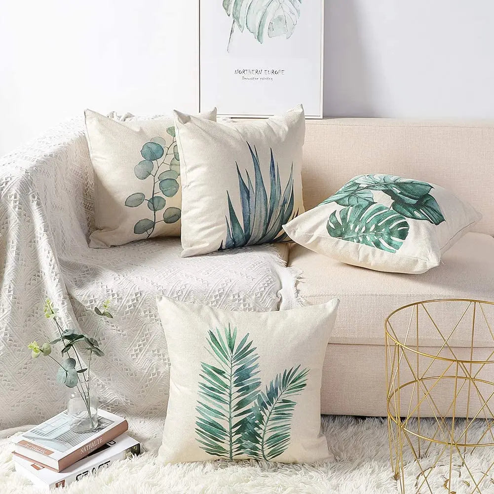 Housse de coussin en lin à motif de feuilles de plantes vertes