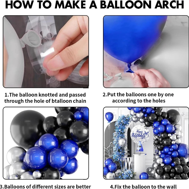 Lot de 105 ballons bleus, noirs et argentés pour décoration de fête