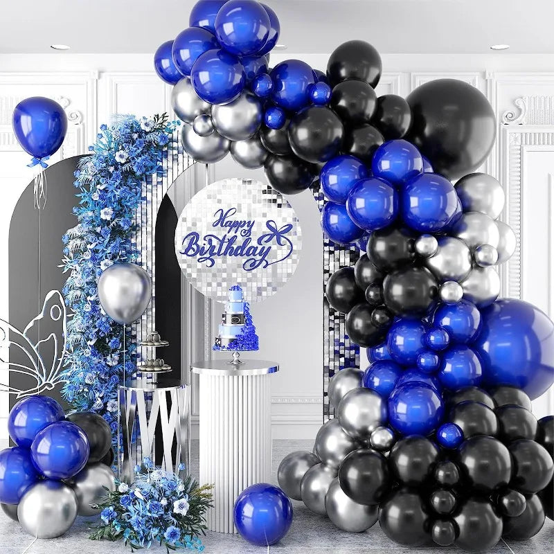 Lot de 105 ballons bleus, noirs et argentés pour décoration de fête