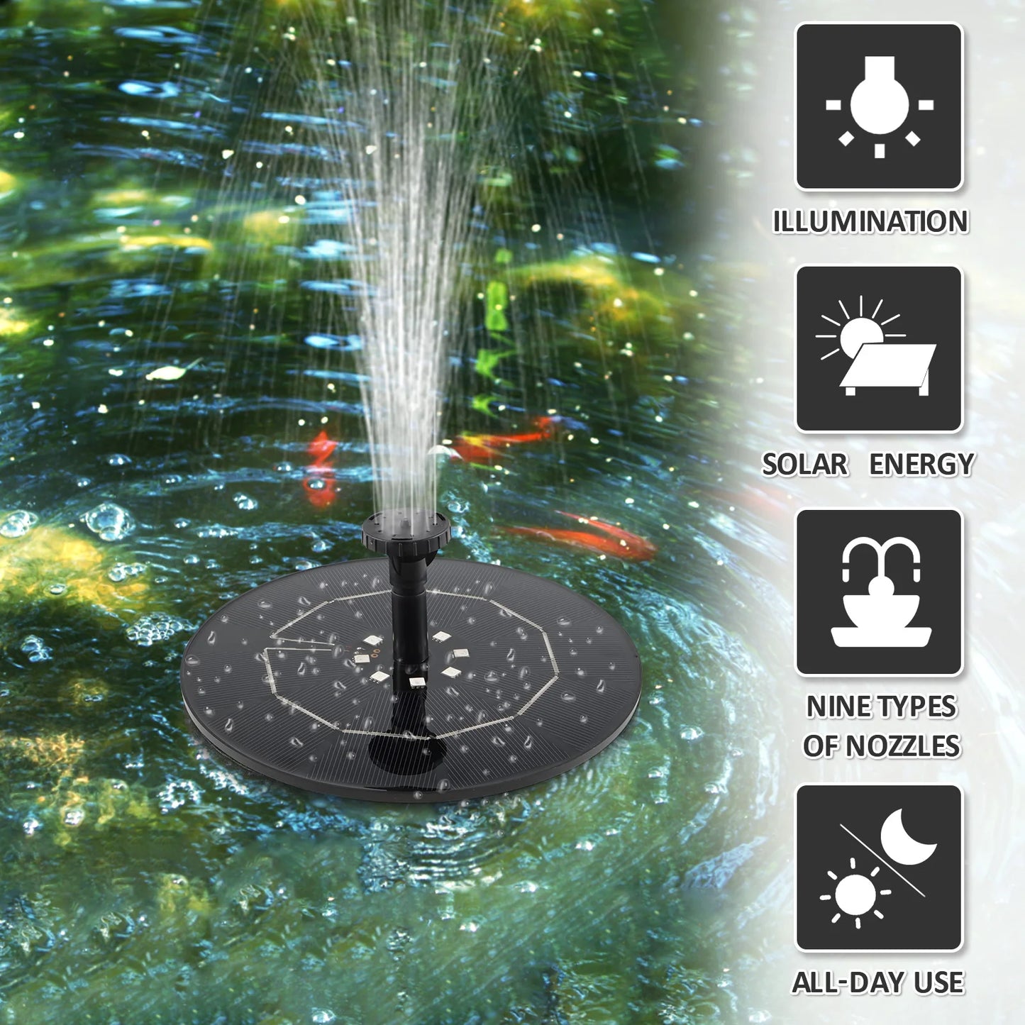 Fontaine solaire rotative à LED colorée avec buse