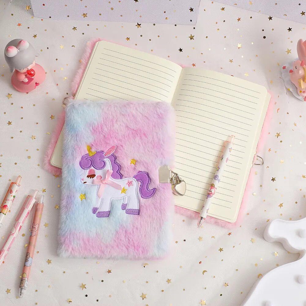 carnet de notes en peluche licorne verouille