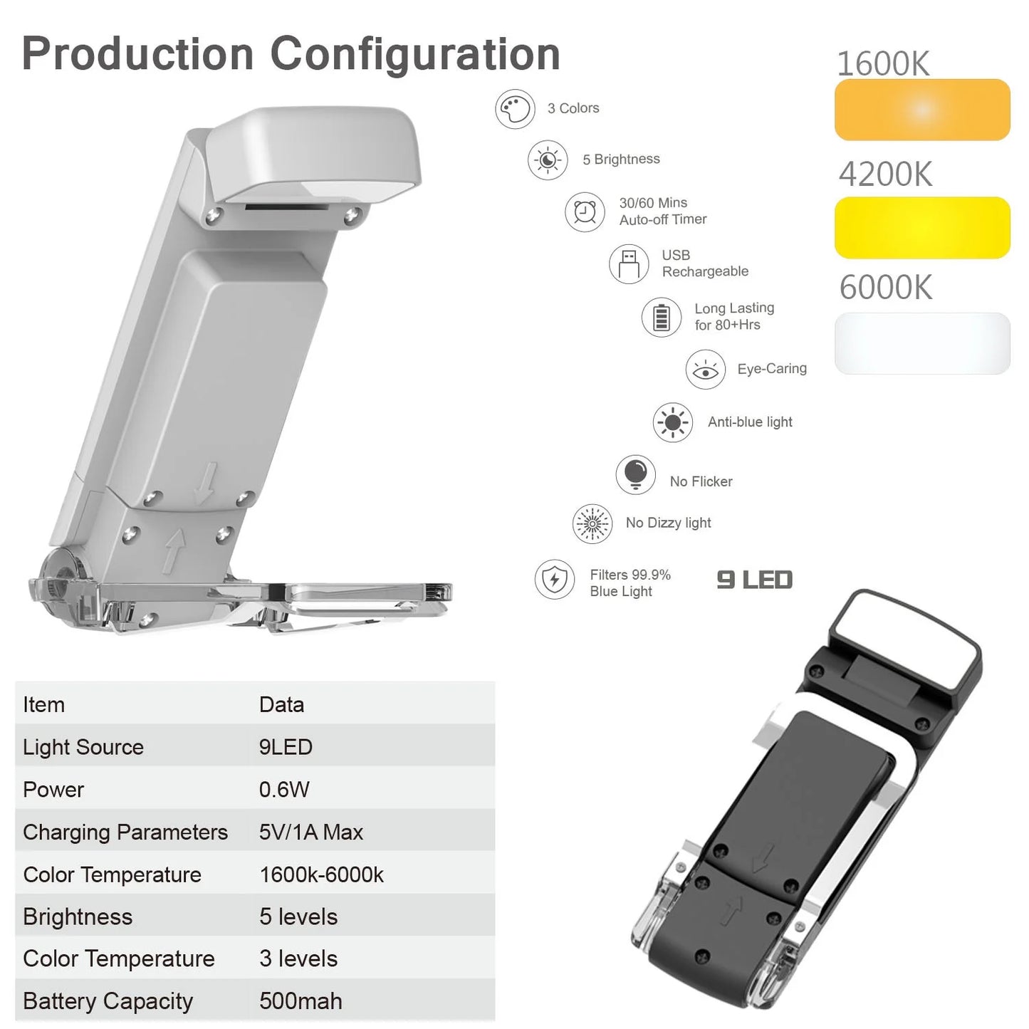 Lampe de lecture portable rechargeable avec 3 modes d'éclairage