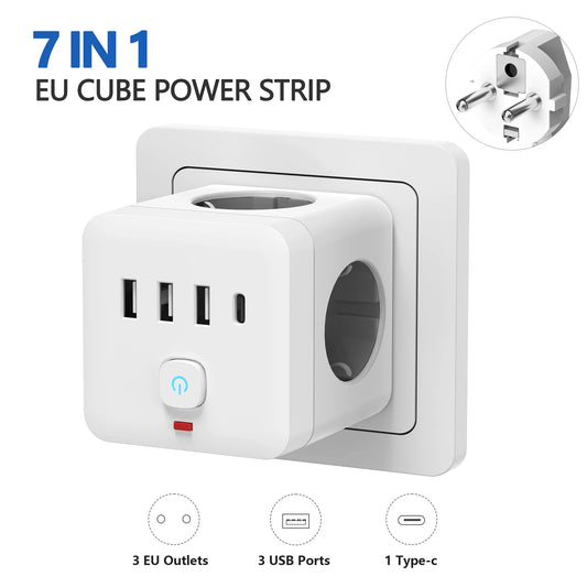 Multiprise 7-en-1, 3 prises secteur, 3 USB 1 type-c