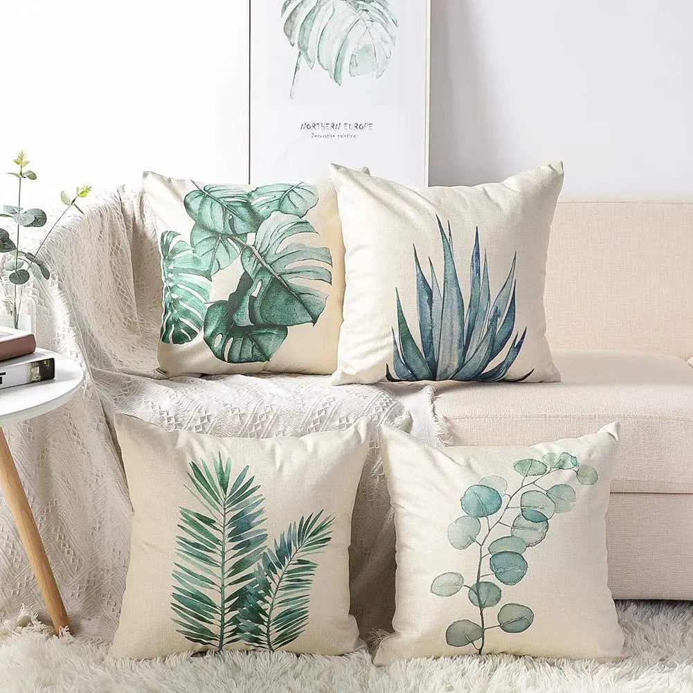 Housse de coussin en lin à motif de feuilles de plantes vertes