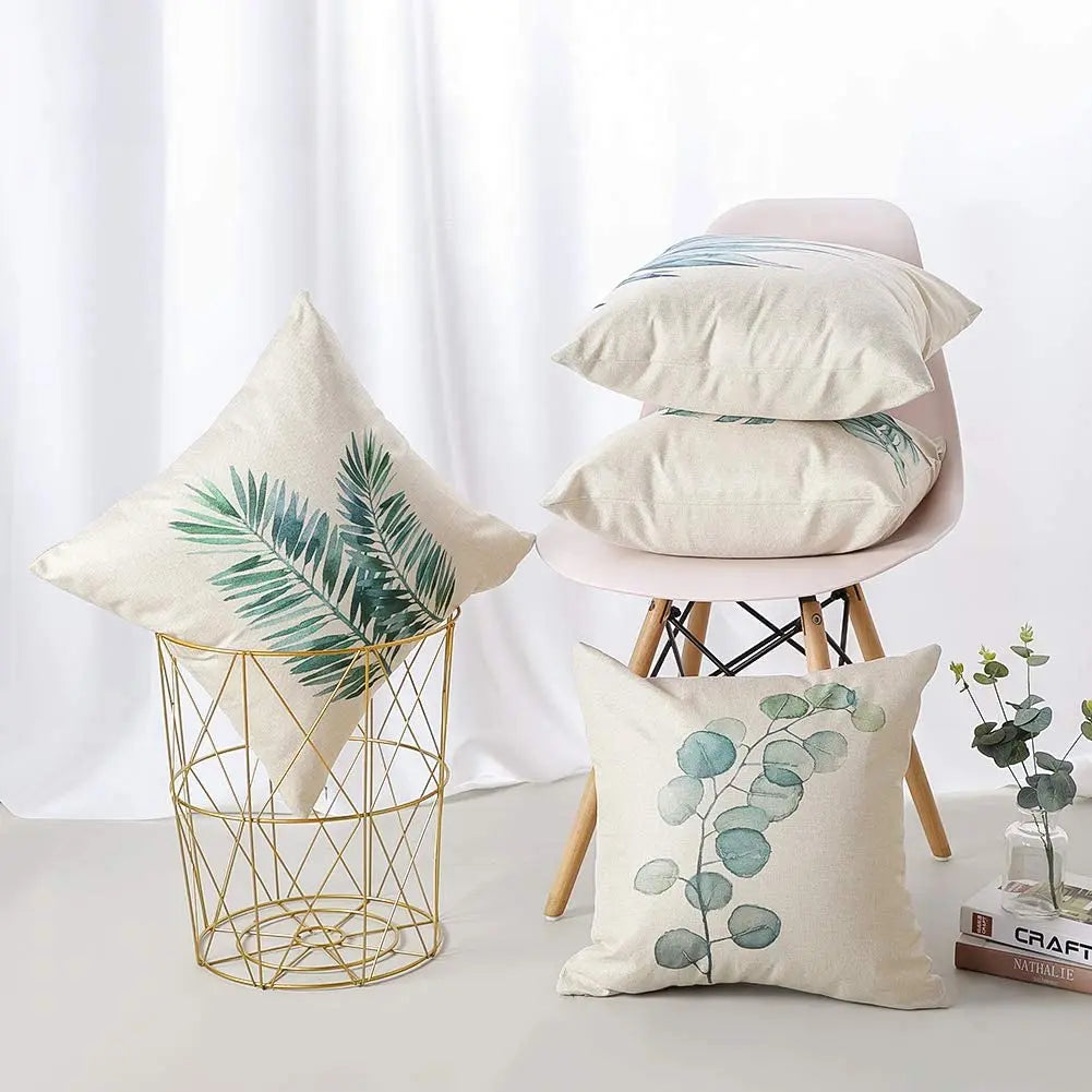 Housse de coussin en lin à motif de feuilles de plantes vertes