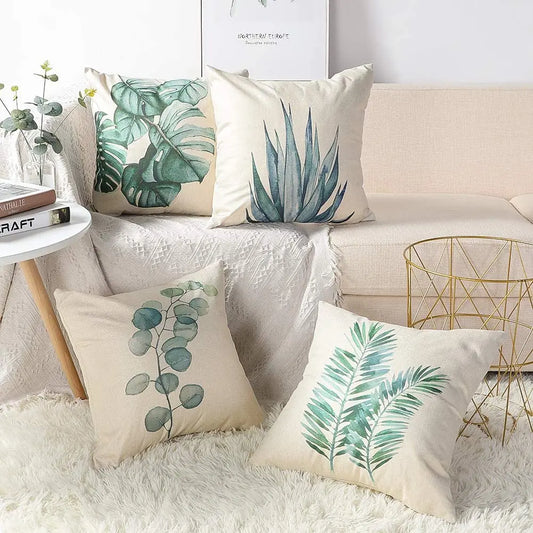 Housse de coussin en lin à motif de feuilles de plantes vertes