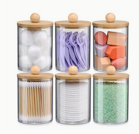 6 Pots de Rangement Salle de Bain en Verre avec Couvercle en Bambou