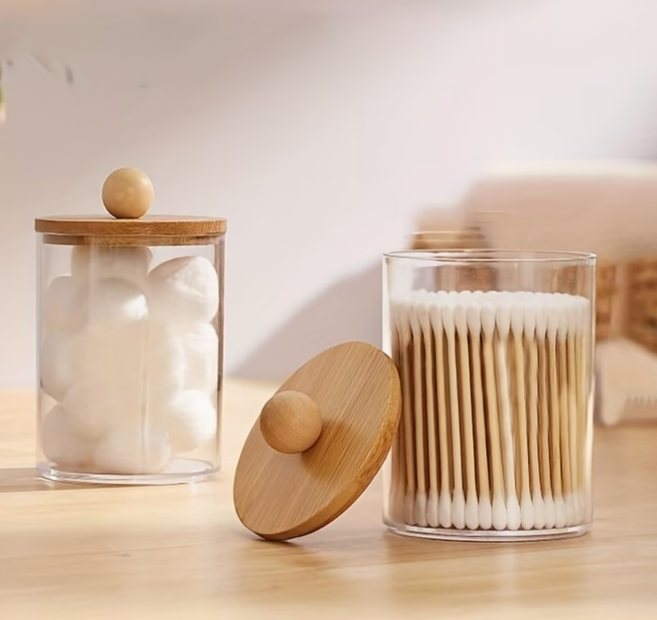 6 Pots de Rangement Salle de Bain en Verre avec Couvercle en Bambou