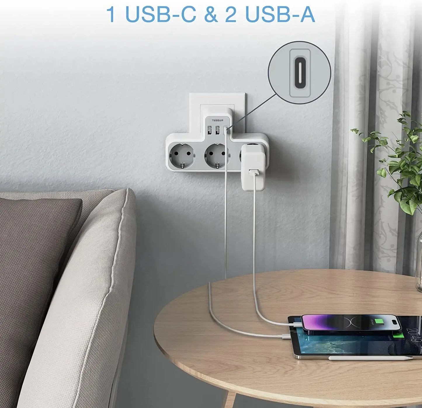 prise multiprise avec 3 prises ca + 2 Ports USB + 1 Type C