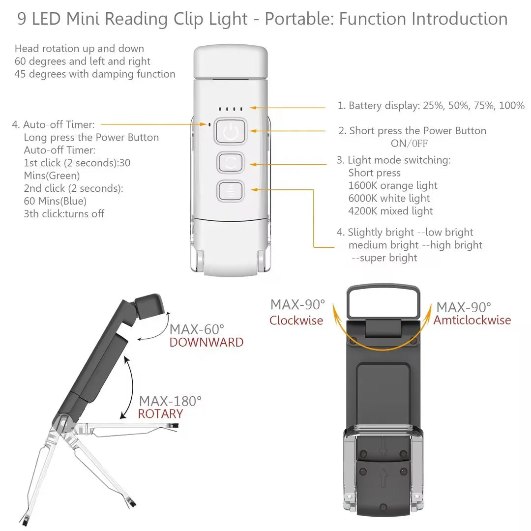 Lampe de lecture portable rechargeable avec 3 modes d'éclairage